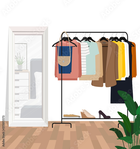 Clothes hanging from a hanger.