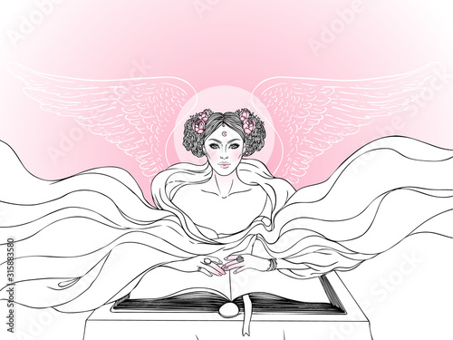 Fortune telling. young beautiful woman in mask an scarf reading an ancient book. Vector illustration. Night sky with moon and stars. Mystic concept design.
