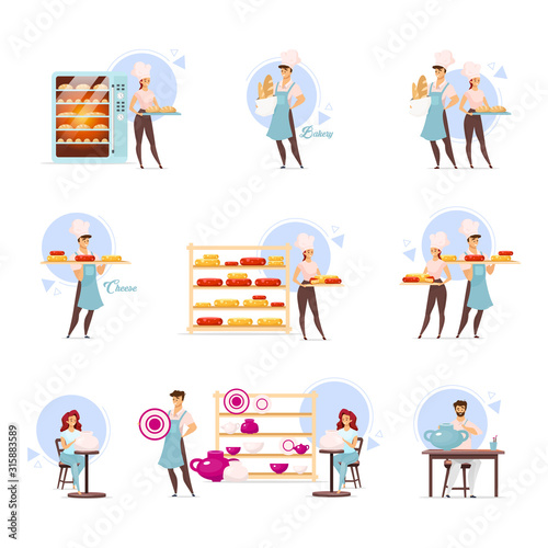 Cheesemaking, bakery and pottery flat vector illustrations set. Cheesemakers and bakers. Food industry. Bake shop. Dairy products. Handmade clayware. Craftsmanship. Isolated cartoon characters