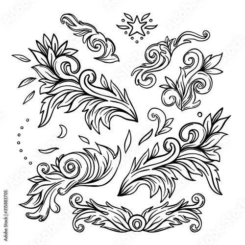Set of vintage floral pattern design elements. Victorian Motif  tattoo design element. Bouquet concept art. Isolated vector illustration in line art style.