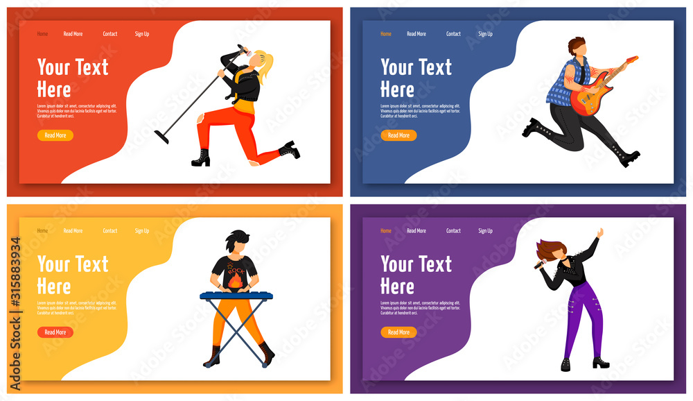 Rock musicians and singers landing page vector template. Music band website interface idea with flat illustrations. People playing instruments homepage layout. Web banner, webpage cartoon concept Rock musicians and singers landing page vector template. Music band website interface idea with flat illustrations. People playing instruments homepage layout. Web banner, webpage cartoon concept