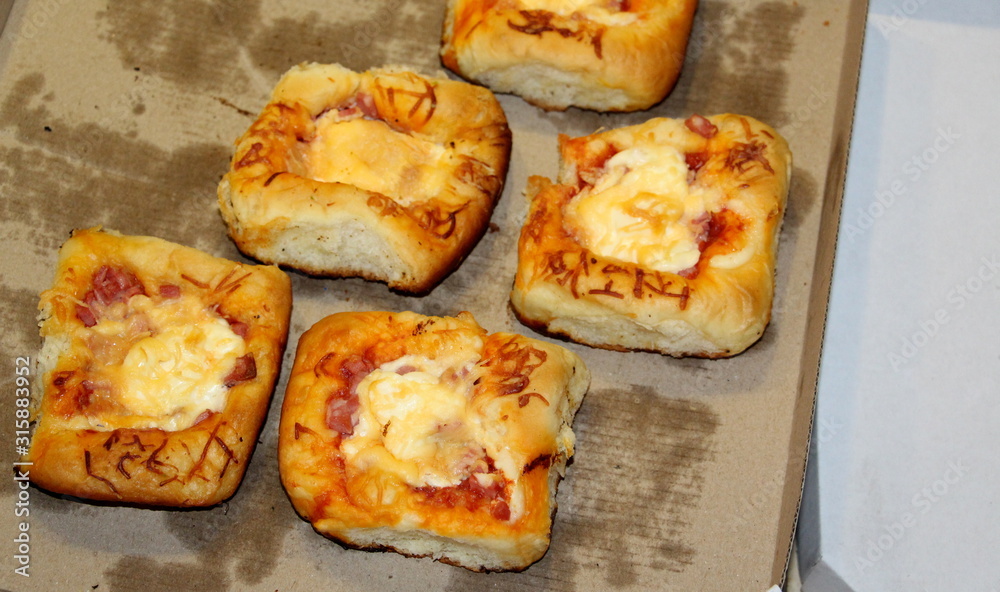  Mini pizza. A party. Bakery products. Handmade. Snack. Fast food. Tasty food.