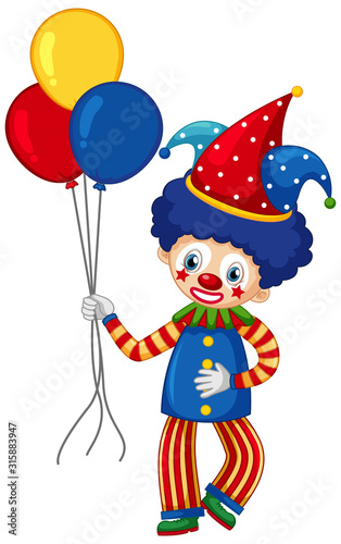 Circus clown character with colorful balloons on white background