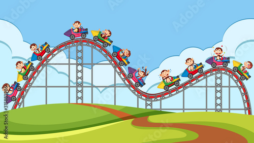 Scene with roller coaster ride in the park
