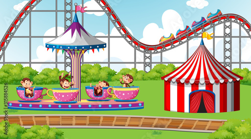 Scene with happy monkeys playing in the cup spin