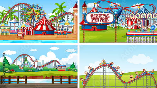 Four scenes with many rides in the fun fair