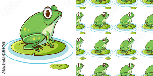 Seamless background design with green frog on water lily