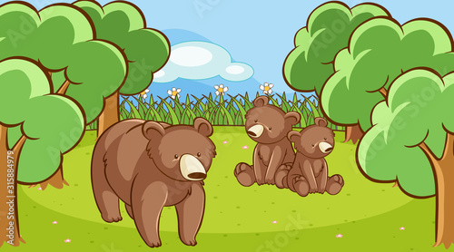 Scene with grizzly bears in forest