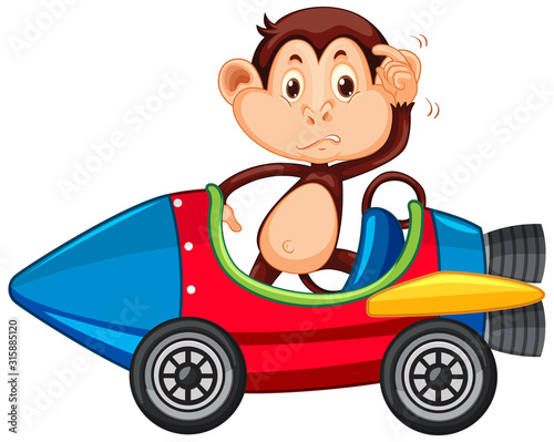 Monkey riding on toy car on white background