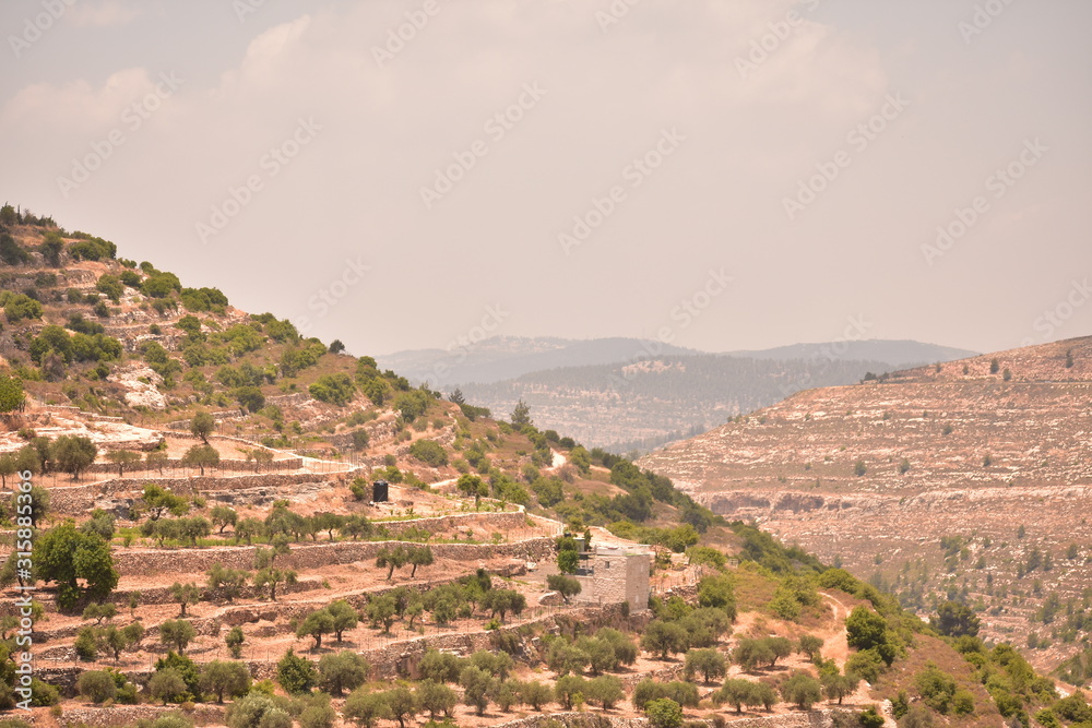 Landscape of hills of Bethlehem on a sunny day