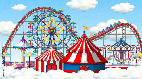 Scene with roller coaster and ferris wheel in the clouds