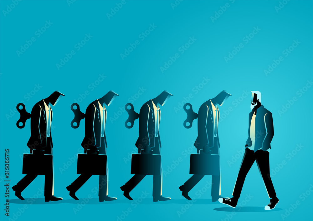 © rudall30 - Business concept vector illustration of a man in casual cloth walking opposite way from businessmen with winders. Freelance, free will concept.