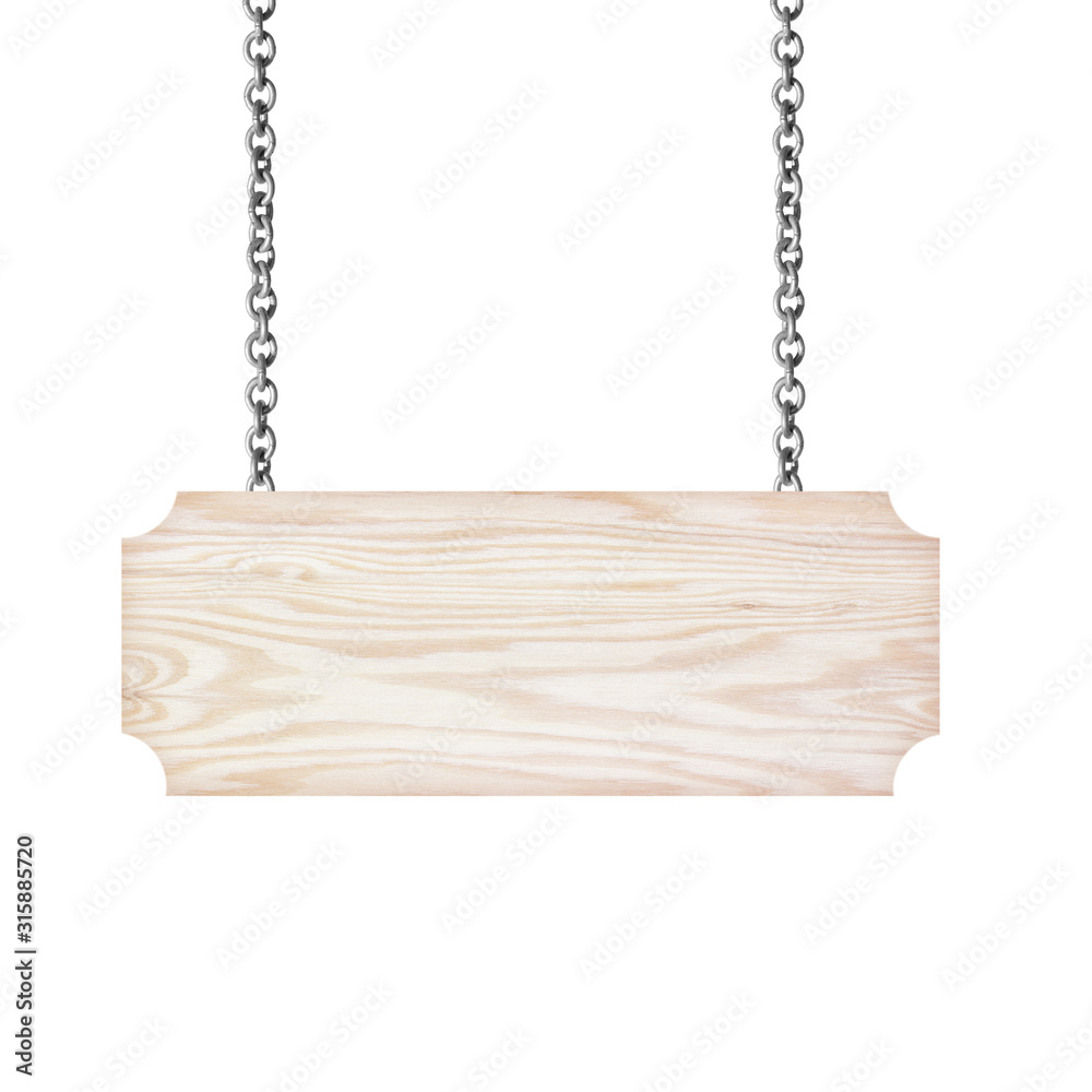 Wooden sign hanging on a chain isolated on white Wooden sign hanging on a chain isolated on white