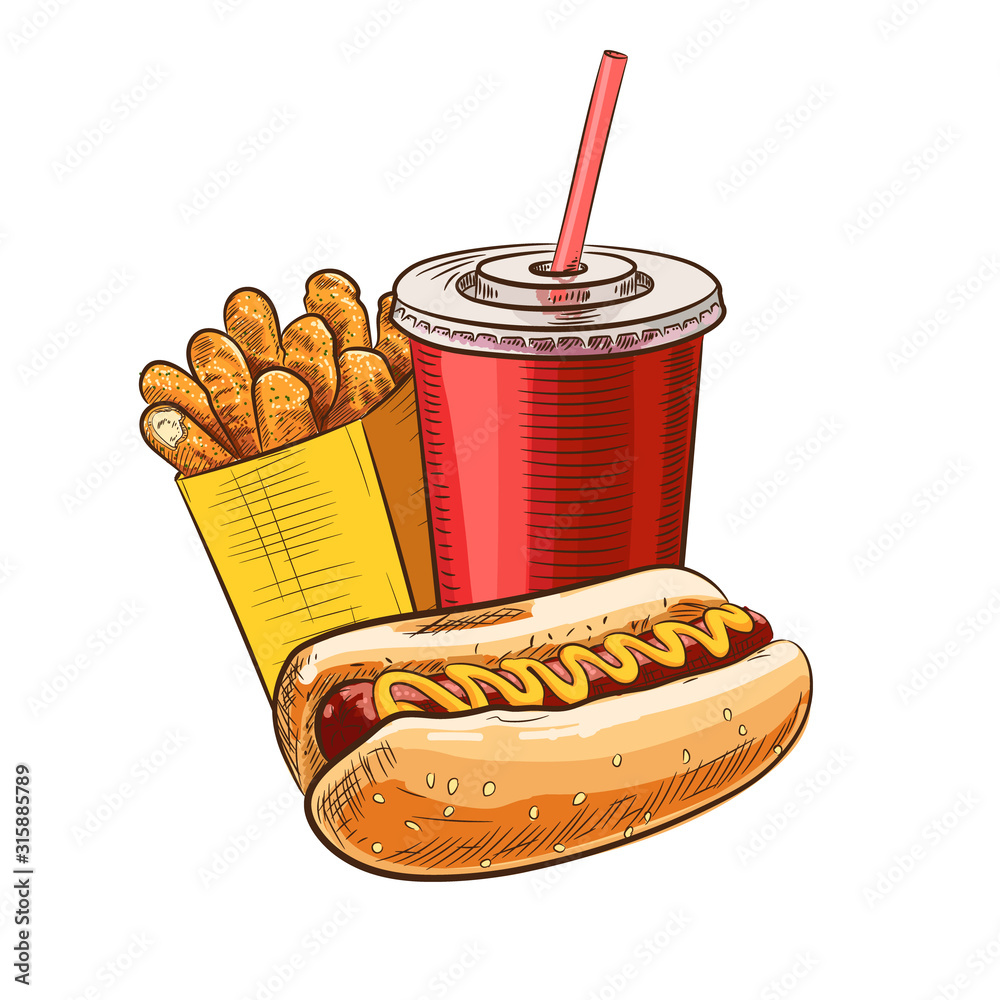 Fast Food COMBO Sketch For Fastfood Restaurant Or Bistro Vector fast-food-combo-sketch-for-fastfood-restaurant-or-bistro-vector