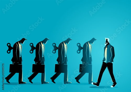 Business concept vector illustration of a man in casual cloth walking opposite way from businessmen with winders. Freelance, free will concept.