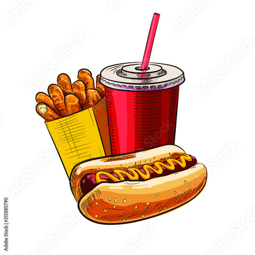Fast food COMBO sketch for fastfood restaurant or bistro. Vector cheeseburger burger or hotdog sandwich snack, french fries or pizza and coffee or soda drink, taco and black burger
