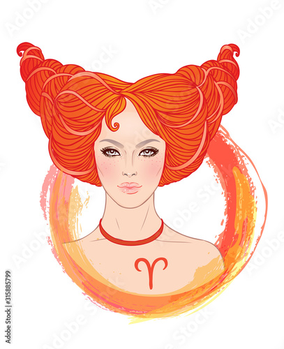 Illustration of Aries astrological sign as a beautiful girl. Zodiac vector illustration isolated on white. Future telling, horoscope, alchemy, spirituality, occultism, fashion woman.