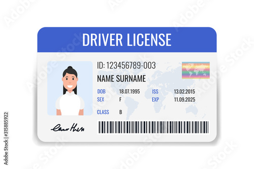 Car driver license identification with female photo. ID card isolated on white background. Vector illustration.