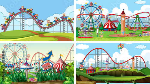 Four scenes with many rides in the fun fair