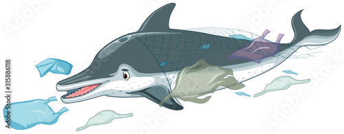 Dolphin with plastic bags on white background