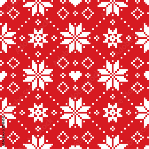 Christmas or winter Scottish Fair Isle style traditional knitwear vector seamless pattern with white snoflakes on red background