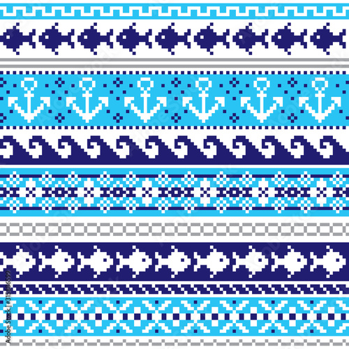 Scottish Fair Isle style traditional knitwear vector seamless pattern, marine style design with anchors, fish, and sea or ocean waves