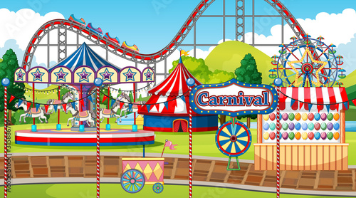 Scene with roller coaster and carousel in the fun park