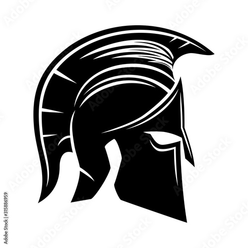 Black Spartan helmet on a white background.