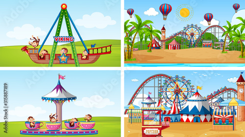 Four scenes with many rides in the fun fair