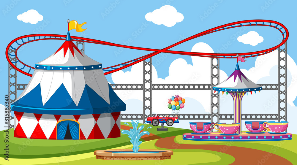 Scene with roller coaster and big circus tent in the park Scene with roller coaster and big circus tent in the park