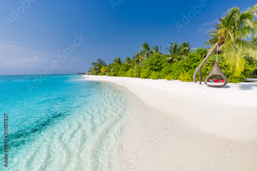 Fototapeta Naklejka Na Ścianę i Meble -  Tropical beach scene, blue sea and palm trees and white sand, summer vacation and holiday background concept
