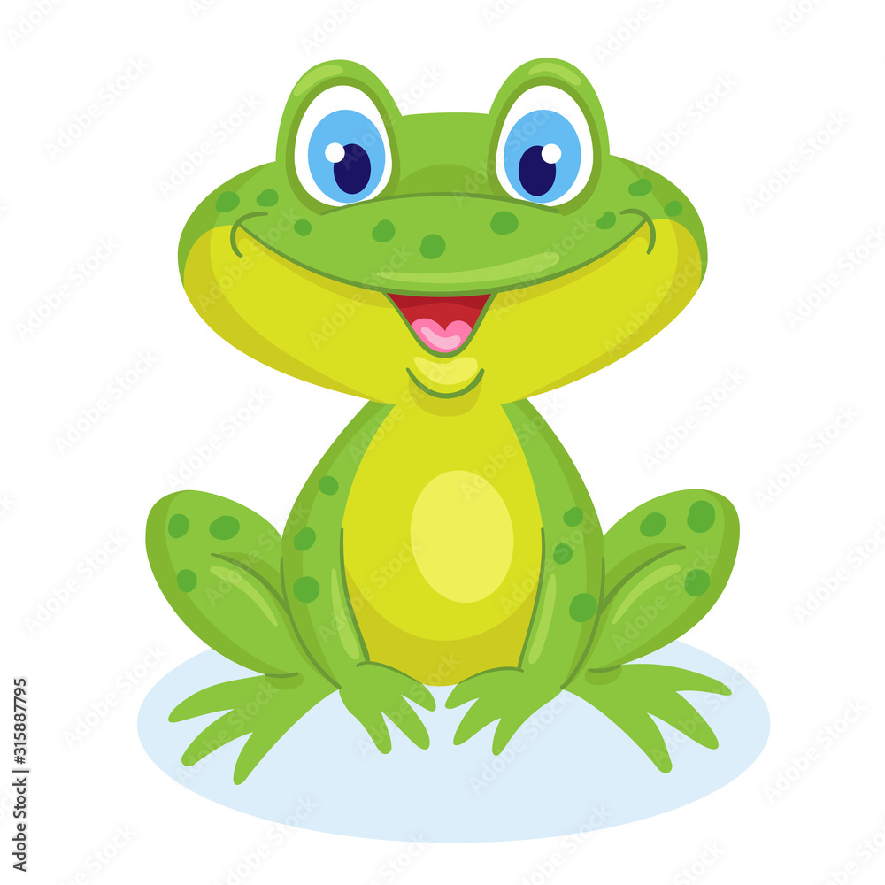 Obraz premium Little funny green frog. In cartoon style. Isolated on white background. Vector illustration.