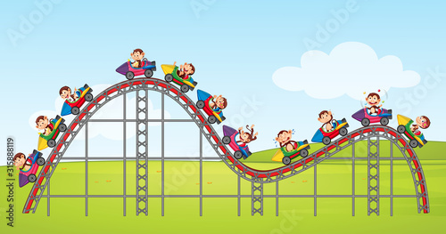 Scene with monkeys riding cars in the park