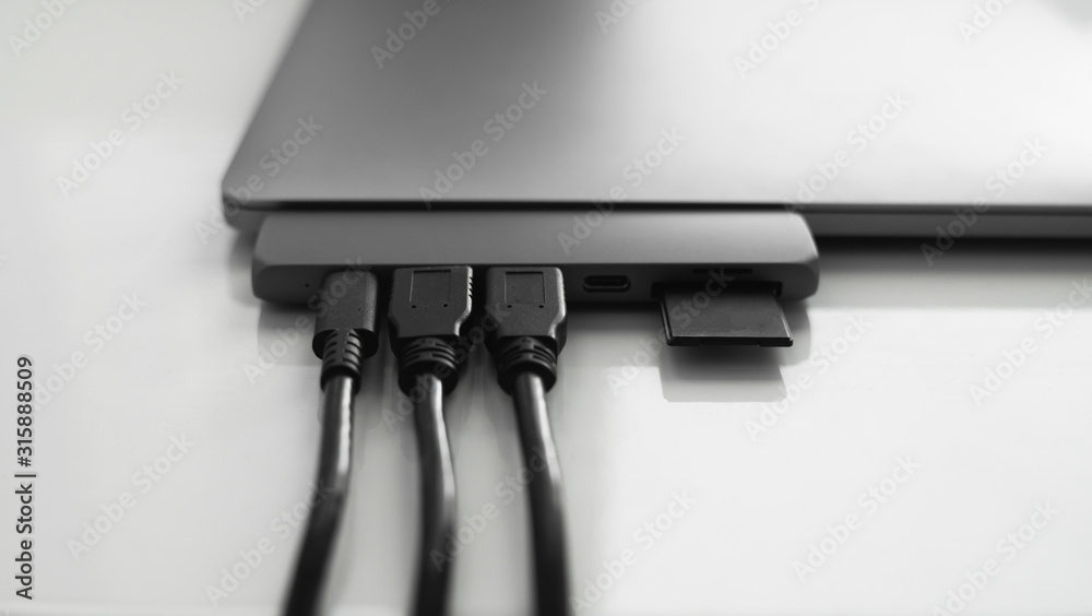 Laptop with USB TypeC adapter with pluged USB cables and SD card. The