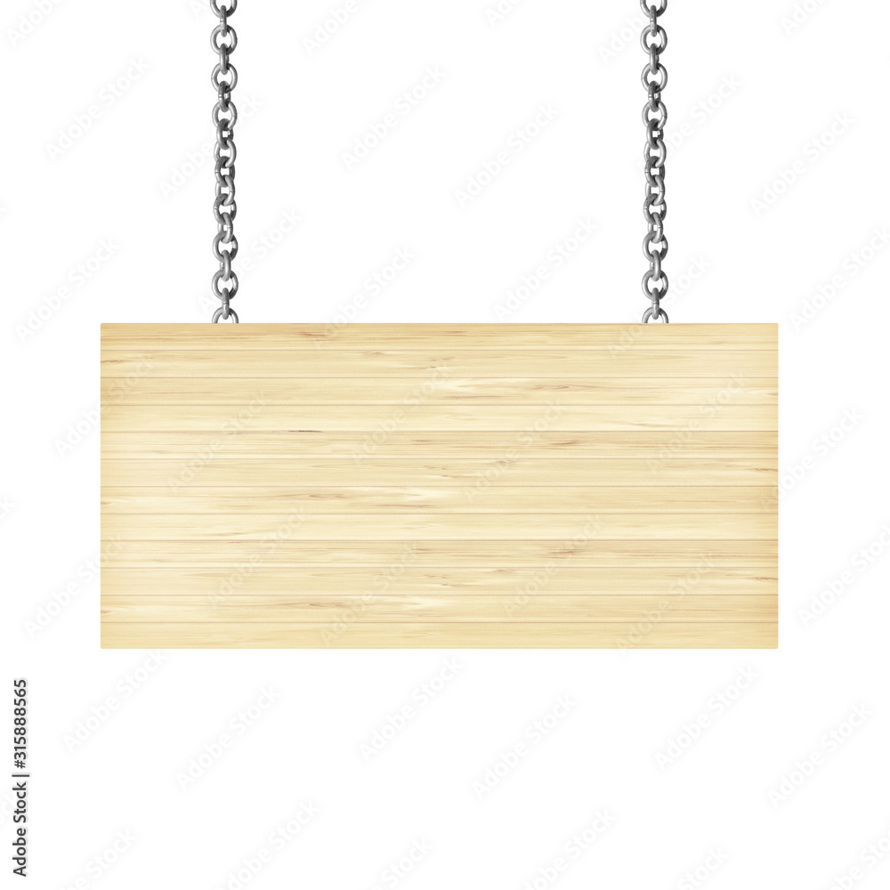 Wooden sign hanging on a chain isolated on white