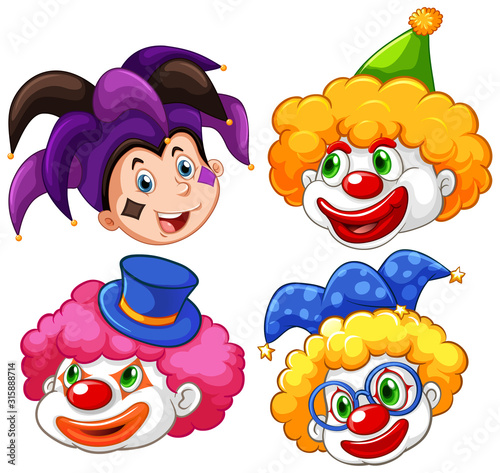 Four heads of funny clown on white background