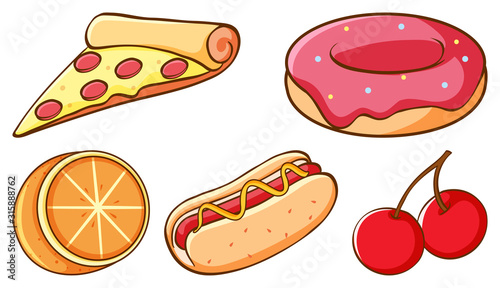 Set of fast food and fresh fruits on white background