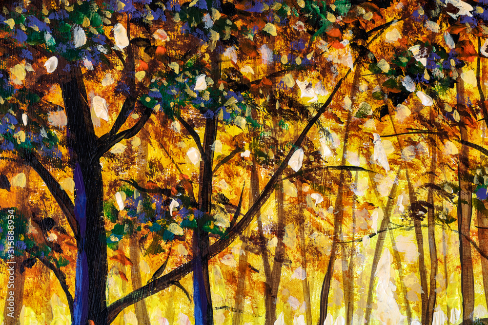Autumn tree in gold orange autumn forest - original oil acrylic painting art