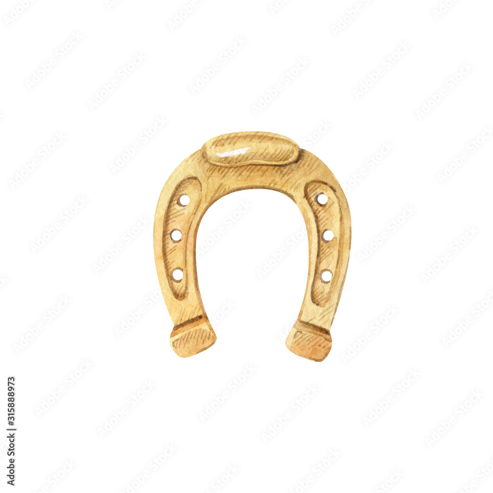 Golden horseshoe isolated on white background. Good luck symbol. Happy Saint Patrick's Day clipart for greeting cards, invitations, banners. Watercolor hand drawn illustration. Golden horseshoe isolated on white background. Good luck symbol. Happy Saint Patrick's Day clipart for greeting cards, invitations, banners. Watercolor hand drawn illustration.