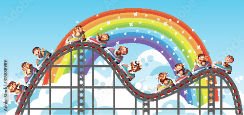 Background with happy monkeys riding roller coaster