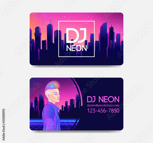 Futuristic synth wave style. Retroparty flyer template. Portrait of a young pretty androgynous woman with short shaved pixie undercut in retro futurism style. Vector illustration in neon bright colors