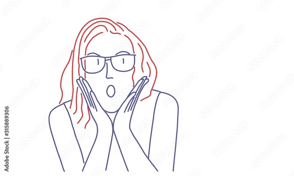 Surprised girl with glasses. Colour line drawing vector illustration. Surprised girl with glasses. Colour line drawing vector illustration.