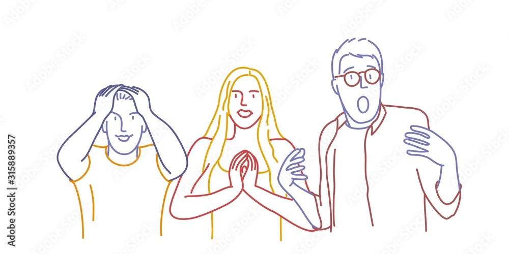 Emotional group of people. Colour line drawing vector illustration.