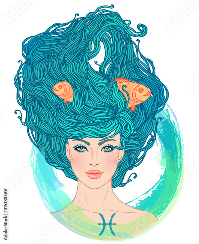 Illustration of Pisces astrological sign as a beautiful girl. Zodiac vector illustration isolated on white. Future telling, horoscope, alchemy, spirituality, occultism, fashion woman.