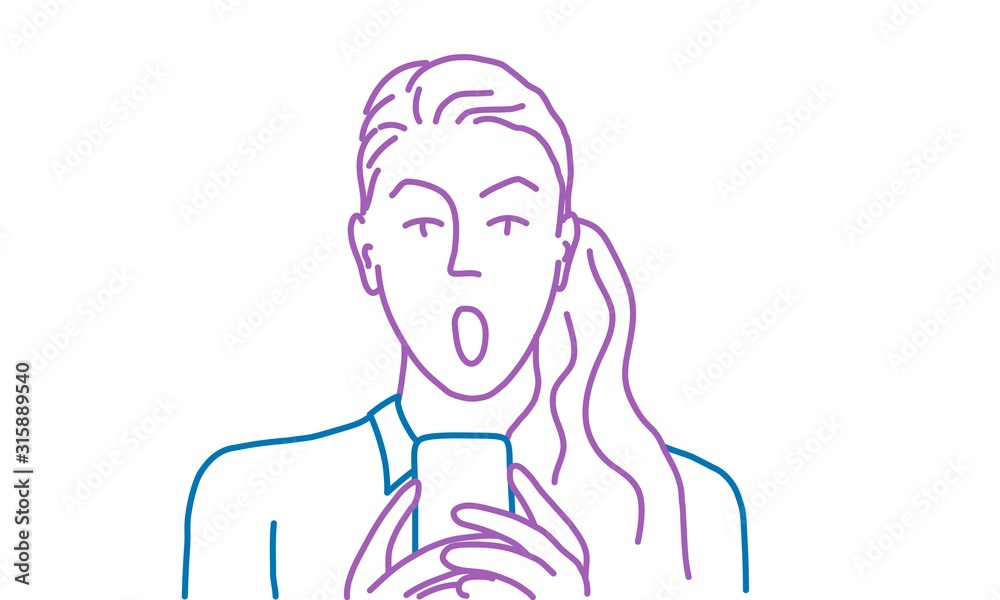 Surprised young woman using smart phone. Colour line drawing vector illustration. Surprised young woman using smart phone. Colour line drawing vector illustration.