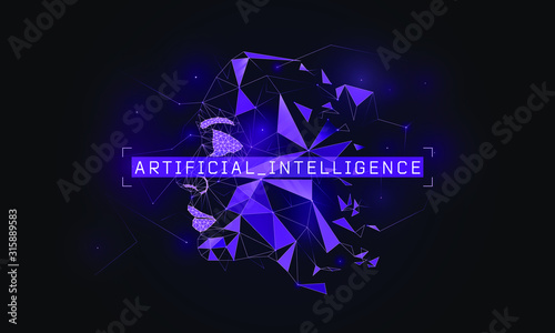 AI abstract face concept, cyber mind, artificial intelligence, virtual robot, consciousness, machine learning, data mining