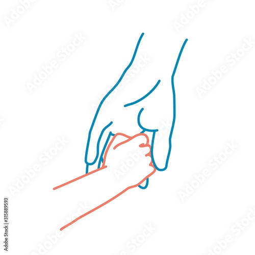 Father holds the hand of a small child. Colour line drawing vector illustration.