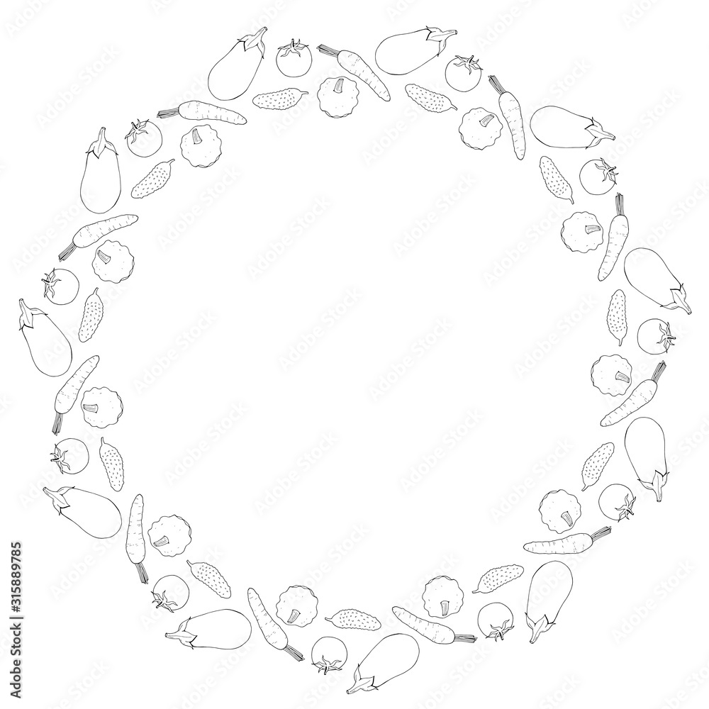 Round frame with vegetables 1. Isolated wreath with eggplant, tomato, cucumber, squash and carrot on white background. Vector image. Round frame with vegetables 1. Isolated wreath with eggplant, tomato, cucumber, squash and carrot on white background. Vector image.