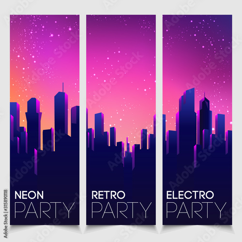 Rave party Flyer design template set in 1980s style. Retro Futurism. Vector futuristic synth wave illustration. 80s Retro poster Background with Night City Skyline. © vgorbash
