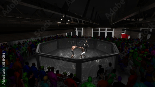Widok z sufitu na walkę mma w klatce z tłumem i sędziowanie renderowania 3D